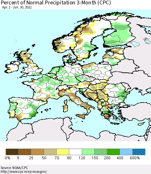 Europe Percent of Normal Precipitation 3-Month (CPC) Thematic Map For 4/1/2021 - 6/30/2021