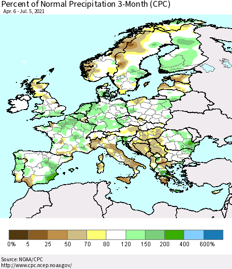 Europe Percent of Normal Precipitation 3-Month (CPC) Thematic Map For 4/6/2021 - 7/5/2021