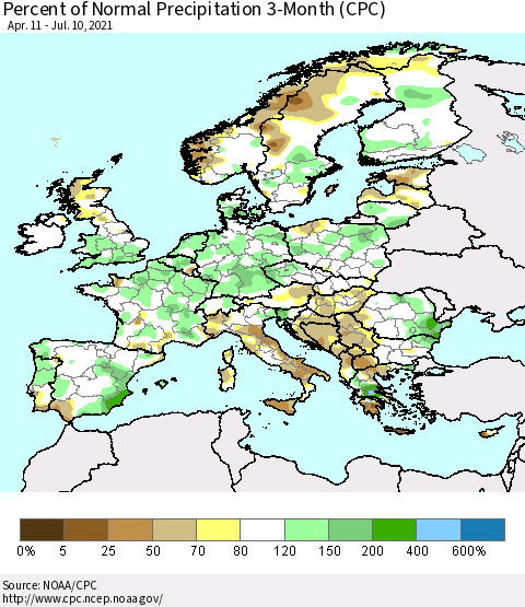 Europe Percent of Normal Precipitation 3-Month (CPC) Thematic Map For 4/11/2021 - 7/10/2021