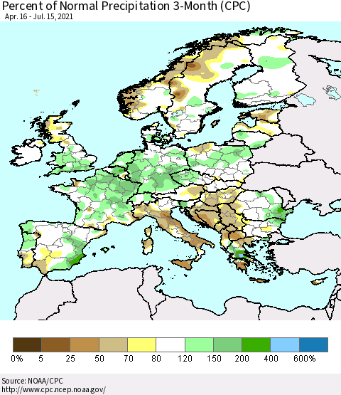 Europe Percent of Normal Precipitation 3-Month (CPC) Thematic Map For 4/16/2021 - 7/15/2021