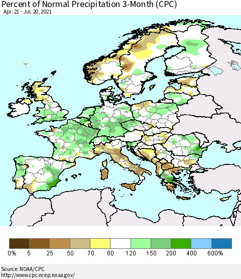 Europe Percent of Normal Precipitation 3-Month (CPC) Thematic Map For 4/21/2021 - 7/20/2021