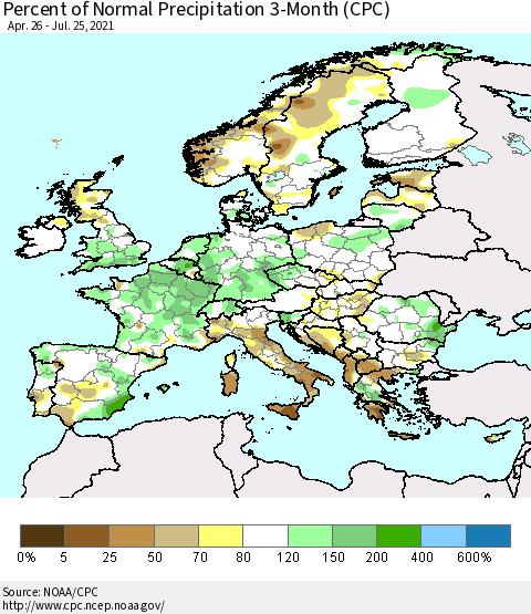 Europe Percent of Normal Precipitation 3-Month (CPC) Thematic Map For 4/26/2021 - 7/25/2021