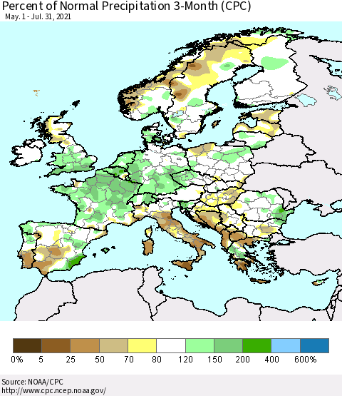 Europe Percent of Normal Precipitation 3-Month (CPC) Thematic Map For 5/1/2021 - 7/31/2021