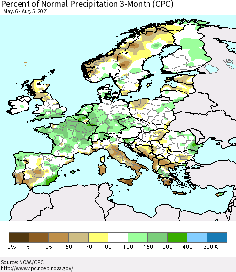 Europe Percent of Normal Precipitation 3-Month (CPC) Thematic Map For 5/6/2021 - 8/5/2021
