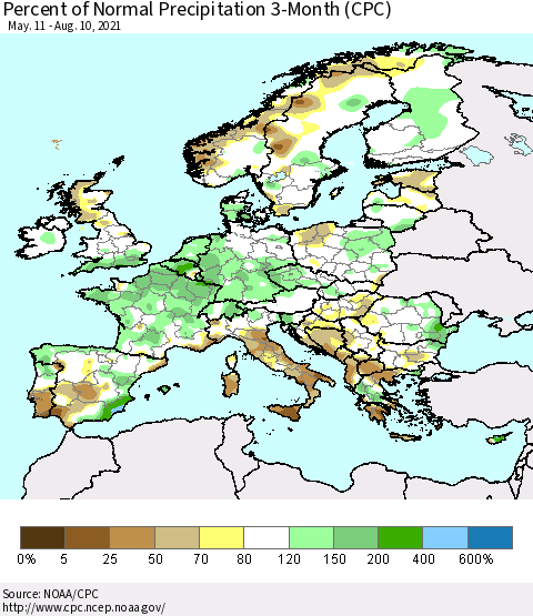 Europe Percent of Normal Precipitation 3-Month (CPC) Thematic Map For 5/11/2021 - 8/10/2021