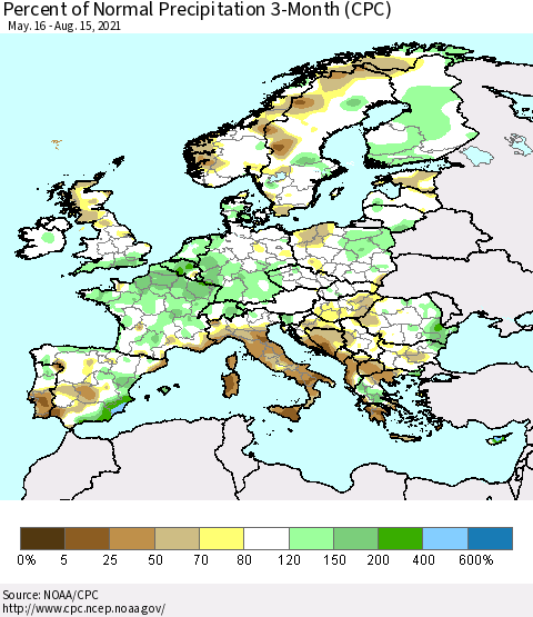 Europe Percent of Normal Precipitation 3-Month (CPC) Thematic Map For 5/16/2021 - 8/15/2021