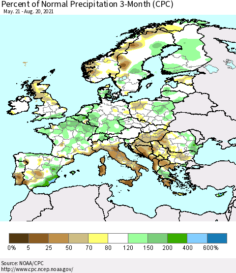 Europe Percent of Normal Precipitation 3-Month (CPC) Thematic Map For 5/21/2021 - 8/20/2021