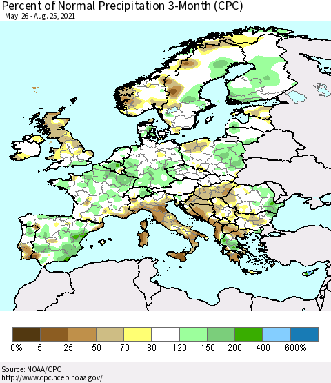 Europe Percent of Normal Precipitation 3-Month (CPC) Thematic Map For 5/26/2021 - 8/25/2021