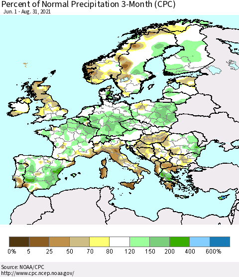Europe Percent of Normal Precipitation 3-Month (CPC) Thematic Map For 6/1/2021 - 8/31/2021