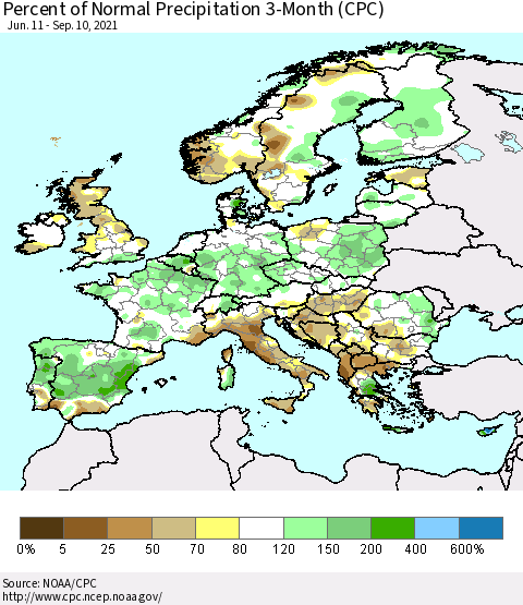Europe Percent of Normal Precipitation 3-Month (CPC) Thematic Map For 6/11/2021 - 9/10/2021