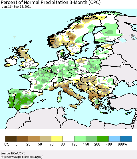 Europe Percent of Normal Precipitation 3-Month (CPC) Thematic Map For 6/16/2021 - 9/15/2021