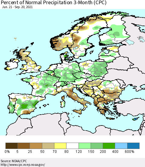 Europe Percent of Normal Precipitation 3-Month (CPC) Thematic Map For 6/21/2021 - 9/20/2021
