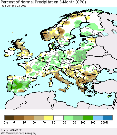 Europe Percent of Normal Precipitation 3-Month (CPC) Thematic Map For 6/26/2021 - 9/25/2021
