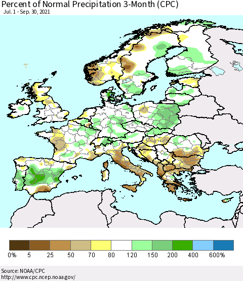 Europe Percent of Normal Precipitation 3-Month (CPC) Thematic Map For 7/1/2021 - 9/30/2021