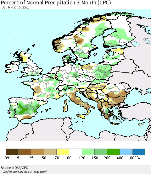 Europe Percent of Normal Precipitation 3-Month (CPC) Thematic Map For 7/6/2021 - 10/5/2021