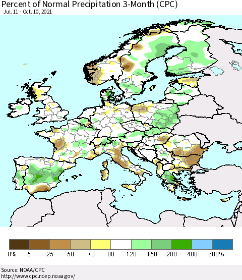 Europe Percent of Normal Precipitation 3-Month (CPC) Thematic Map For 7/11/2021 - 10/10/2021