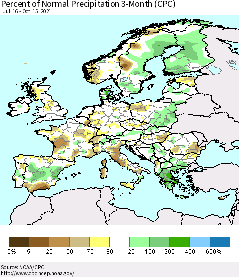 Europe Percent of Normal Precipitation 3-Month (CPC) Thematic Map For 7/16/2021 - 10/15/2021