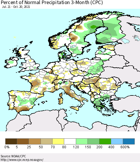 Europe Percent of Normal Precipitation 3-Month (CPC) Thematic Map For 7/21/2021 - 10/20/2021