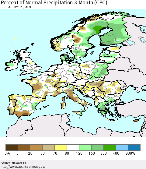 Europe Percent of Normal Precipitation 3-Month (CPC) Thematic Map For 7/26/2021 - 10/25/2021