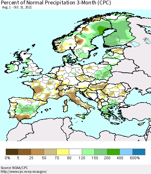 Europe Percent of Normal Precipitation 3-Month (CPC) Thematic Map For 8/1/2021 - 10/31/2021