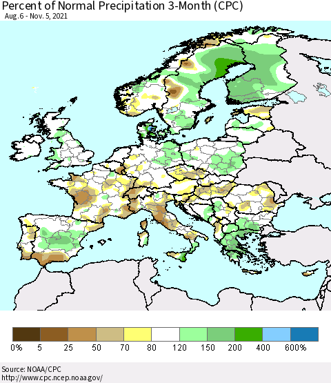 Europe Percent of Normal Precipitation 3-Month (CPC) Thematic Map For 8/6/2021 - 11/5/2021