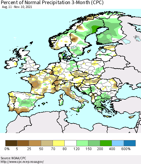 Europe Percent of Normal Precipitation 3-Month (CPC) Thematic Map For 8/11/2021 - 11/10/2021