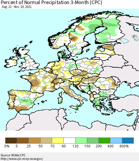 Europe Percent of Normal Precipitation 3-Month (CPC) Thematic Map For 8/21/2021 - 11/20/2021