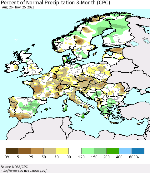 Europe Percent of Normal Precipitation 3-Month (CPC) Thematic Map For 8/26/2021 - 11/25/2021