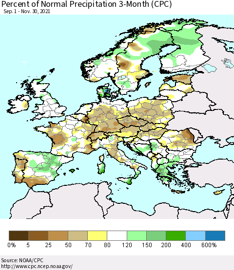 Europe Percent of Normal Precipitation 3-Month (CPC) Thematic Map For 9/1/2021 - 11/30/2021