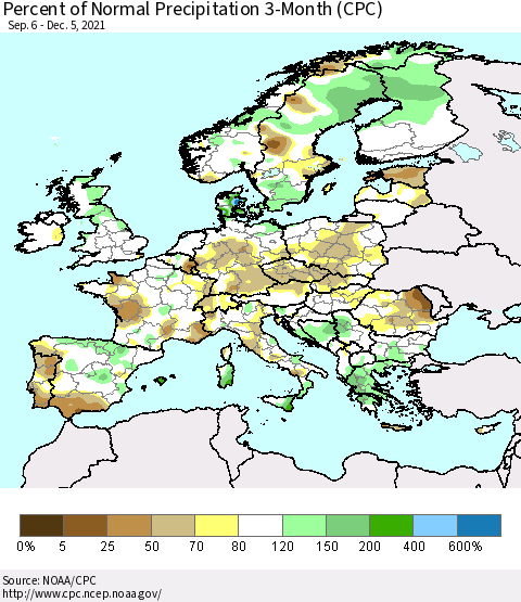 Europe Percent of Normal Precipitation 3-Month (CPC) Thematic Map For 9/6/2021 - 12/5/2021