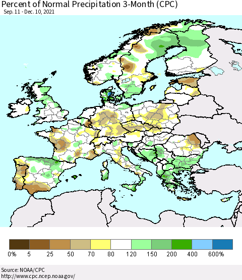Europe Percent of Normal Precipitation 3-Month (CPC) Thematic Map For 9/11/2021 - 12/10/2021