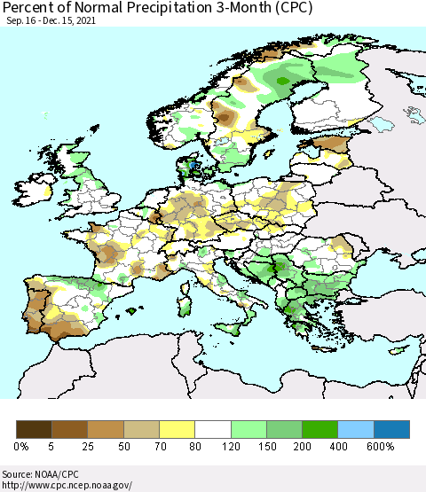 Europe Percent of Normal Precipitation 3-Month (CPC) Thematic Map For 9/16/2021 - 12/15/2021