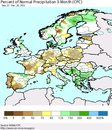 Europe Percent of Normal Precipitation 3-Month (CPC) Thematic Map For 9/21/2021 - 12/20/2021