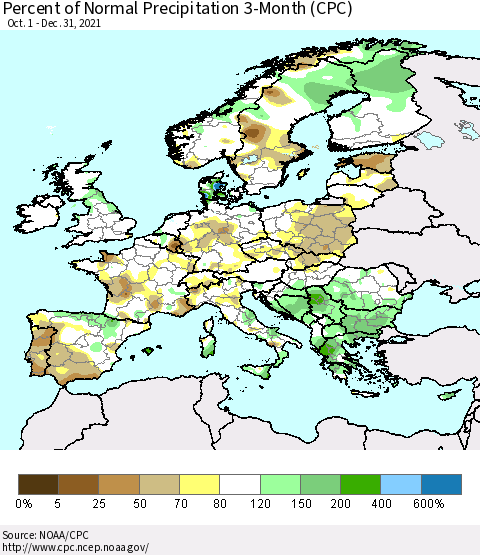 Europe Percent of Normal Precipitation 3-Month (CPC) Thematic Map For 10/1/2021 - 12/31/2021