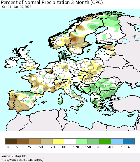 Europe Percent of Normal Precipitation 3-Month (CPC) Thematic Map For 10/11/2021 - 1/10/2022