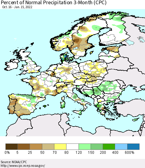Europe Percent of Normal Precipitation 3-Month (CPC) Thematic Map For 10/16/2021 - 1/15/2022