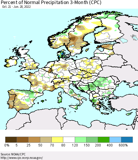 Europe Percent of Normal Precipitation 3-Month (CPC) Thematic Map For 10/21/2021 - 1/20/2022