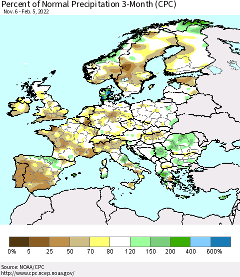 Europe Percent of Normal Precipitation 3-Month (CPC) Thematic Map For 11/6/2021 - 2/5/2022