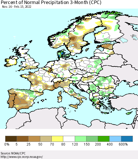 Europe Percent of Normal Precipitation 3-Month (CPC) Thematic Map For 11/16/2021 - 2/15/2022