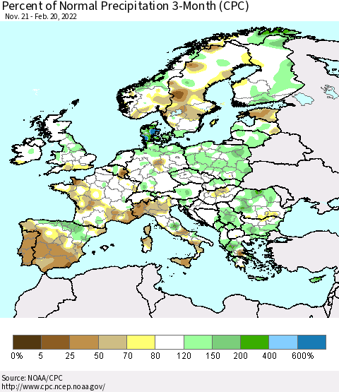 Europe Percent of Normal Precipitation 3-Month (CPC) Thematic Map For 11/21/2021 - 2/20/2022