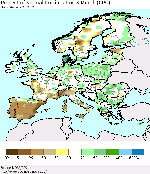 Europe Percent of Normal Precipitation 3-Month (CPC) Thematic Map For 11/26/2021 - 2/25/2022