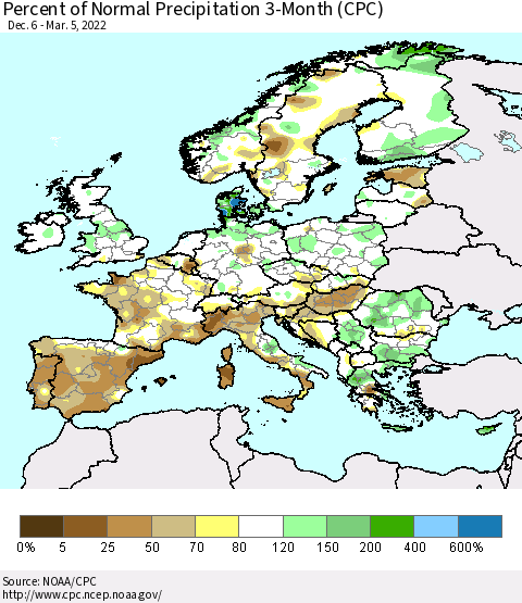 Europe Percent of Normal Precipitation 3-Month (CPC) Thematic Map For 12/6/2021 - 3/5/2022