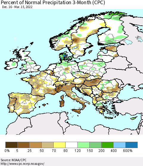Europe Percent of Normal Precipitation 3-Month (CPC) Thematic Map For 12/16/2021 - 3/15/2022