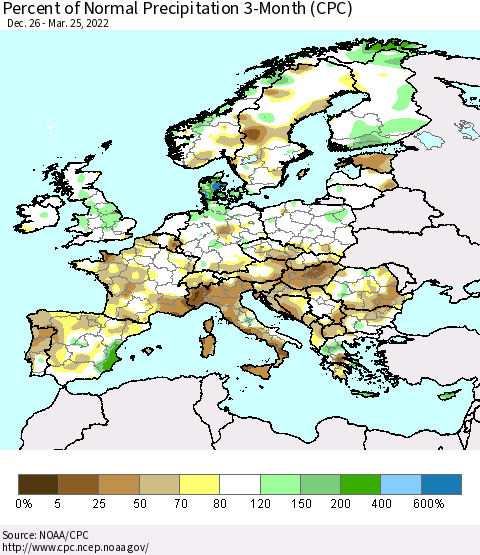 Europe Percent of Normal Precipitation 3-Month (CPC) Thematic Map For 12/26/2021 - 3/25/2022