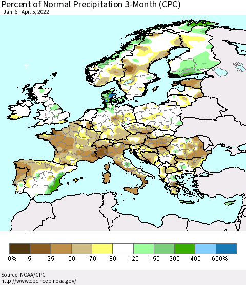 Europe Percent of Normal Precipitation 3-Month (CPC) Thematic Map For 1/6/2022 - 4/5/2022