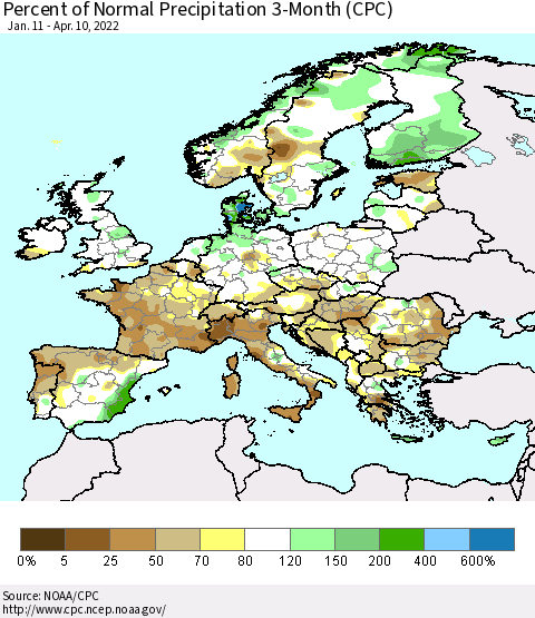 Europe Percent of Normal Precipitation 3-Month (CPC) Thematic Map For 1/11/2022 - 4/10/2022
