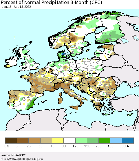 Europe Percent of Normal Precipitation 3-Month (CPC) Thematic Map For 1/16/2022 - 4/15/2022