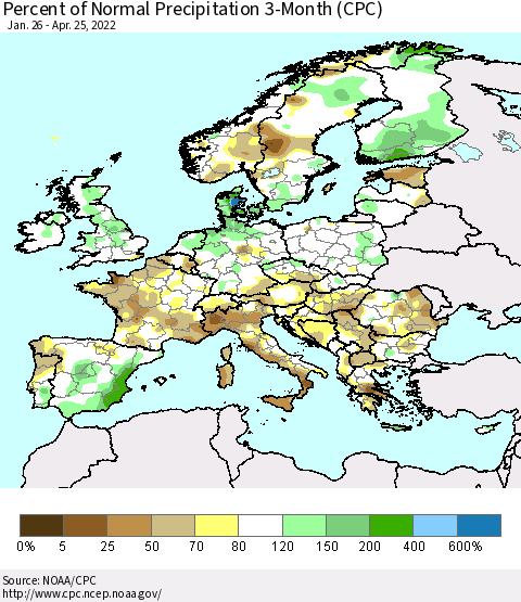 Europe Percent of Normal Precipitation 3-Month (CPC) Thematic Map For 1/26/2022 - 4/25/2022