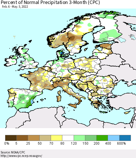 Europe Percent of Normal Precipitation 3-Month (CPC) Thematic Map For 2/6/2022 - 5/5/2022