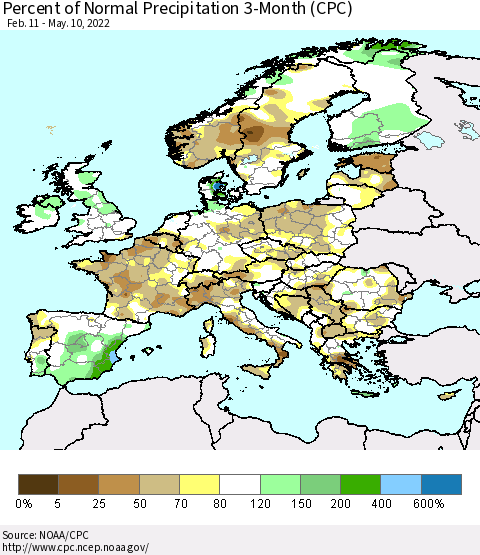 Europe Percent of Normal Precipitation 3-Month (CPC) Thematic Map For 2/11/2022 - 5/10/2022